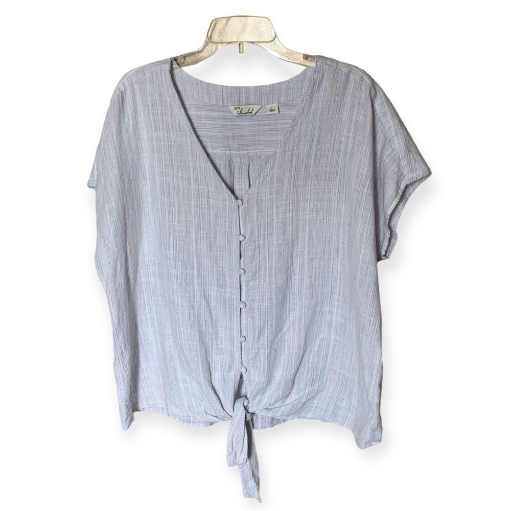 Caffe Marrakech Blue Stripe Linen-Blend Short Sleeve Shirt with Tie Front Size L